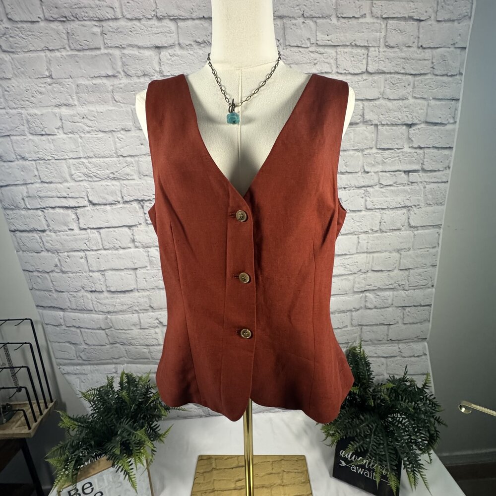 H&M Rust Brick Red Button Front V-Neck Vest Top EUR 42 US M